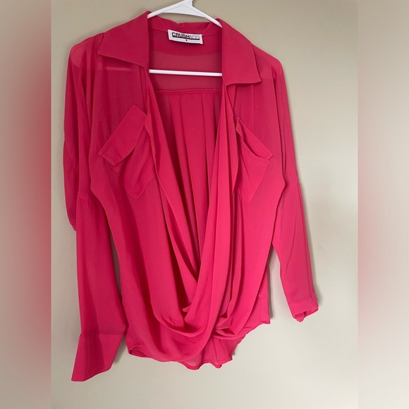 CO&CRUSH fuchsia hot pink deep cut blouse size small NWOT long sleeve - Picture 5 of 5